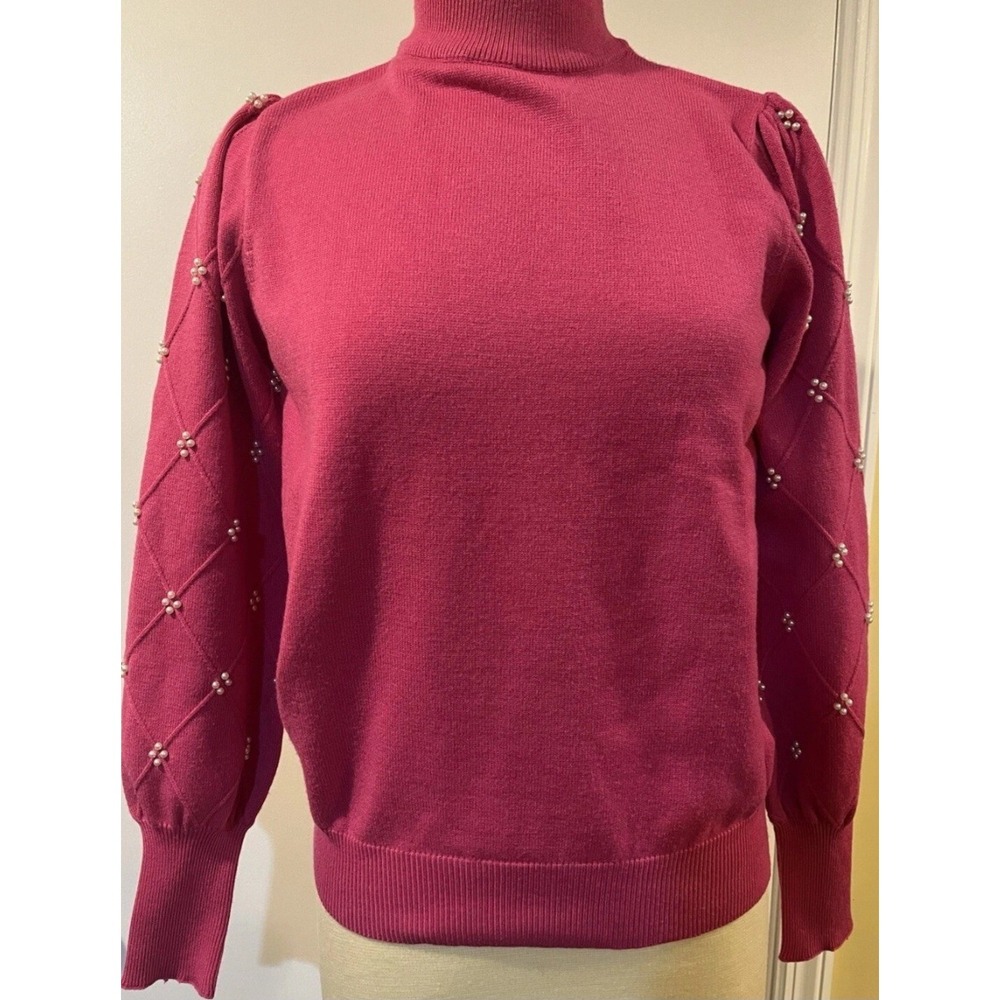 Adrienne Vittadini Women's Bright Pink Sweater With Beaded Sleeves  Size:(2) PXL